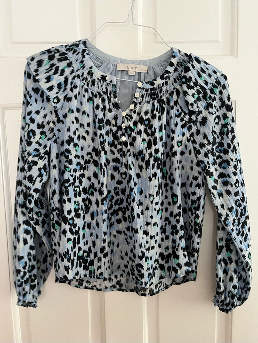 LOFT Blue and Black Leopard-Print Button Henley Blouse